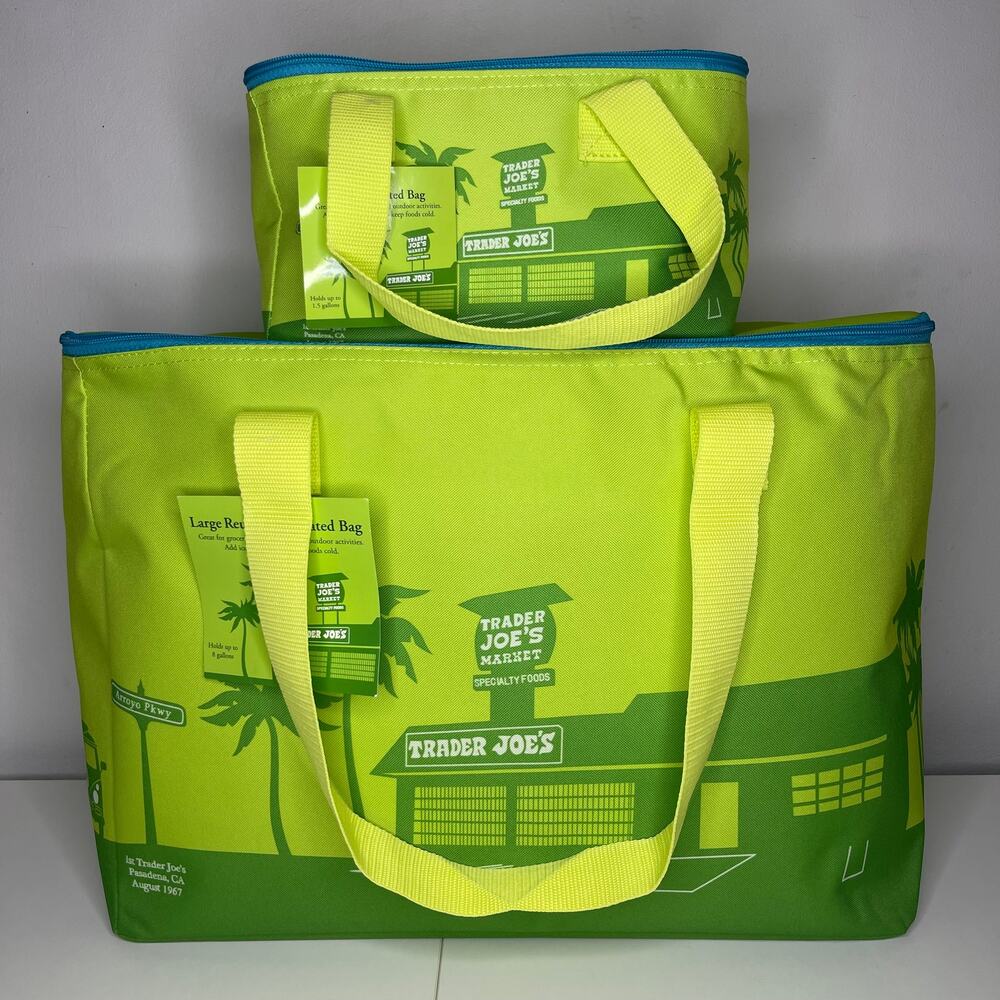 Set of 2 — Trader Joe’s Insulated Cooler Bags — Large + Mini — Lime Green + Blue